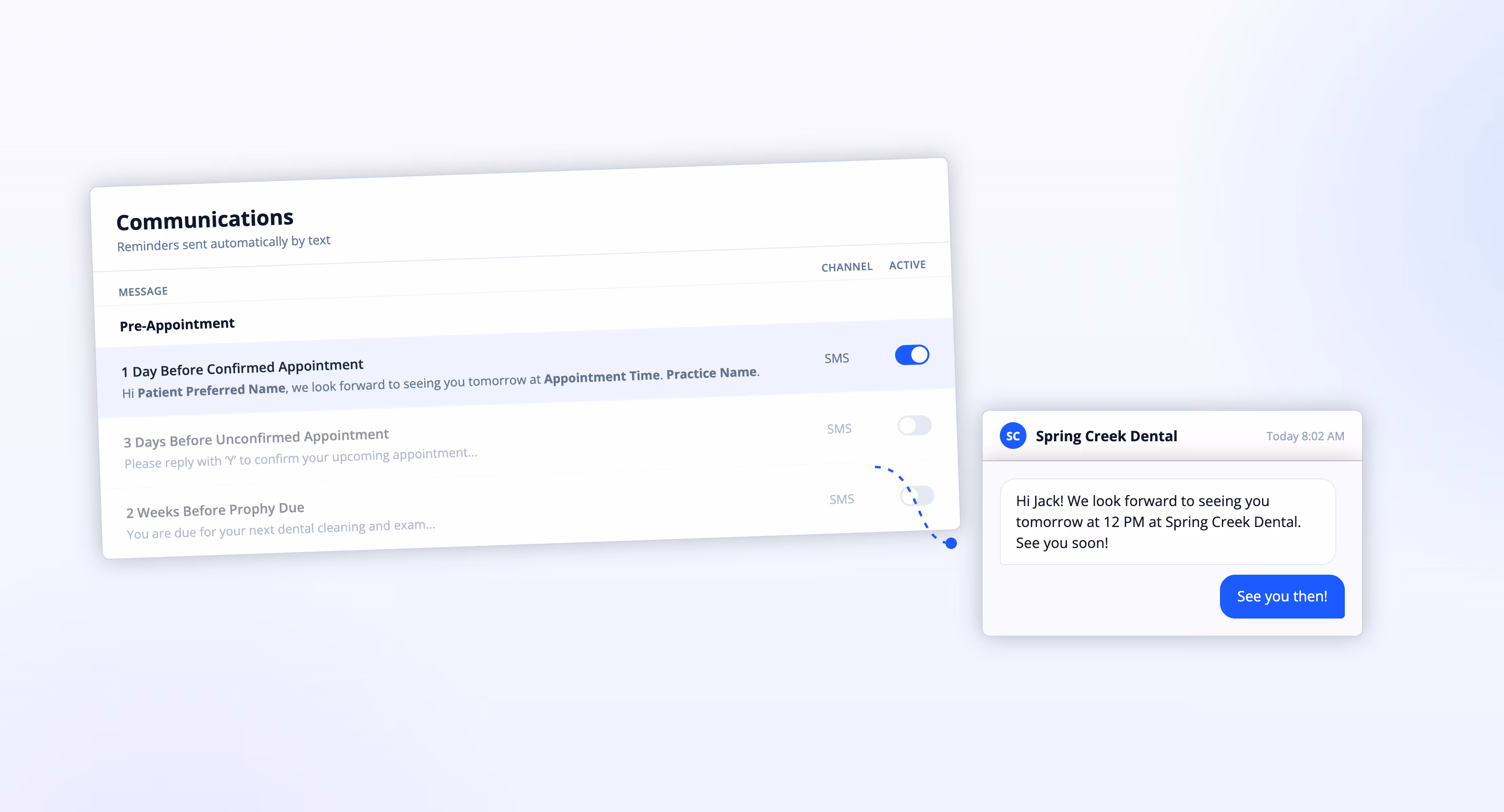 Interface snippet of Archy appointment reminder settings with an arrow pointing to a mock-up of the automated text and confirmation reply.