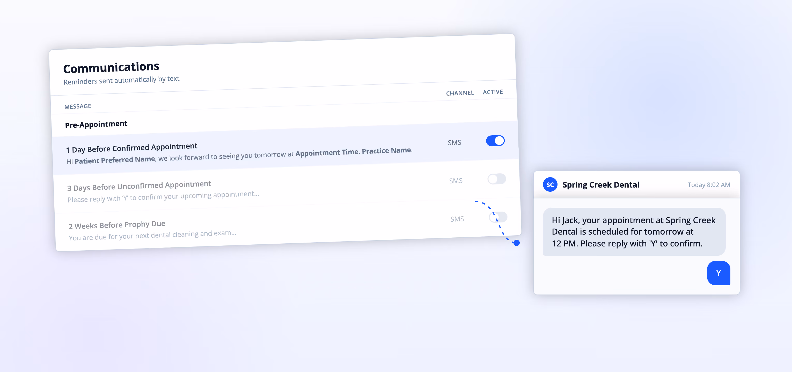 Interface snippet of Archy appointment reminder settings with an arrow pointing to a mock-up of the automated text and confirmation reply.
