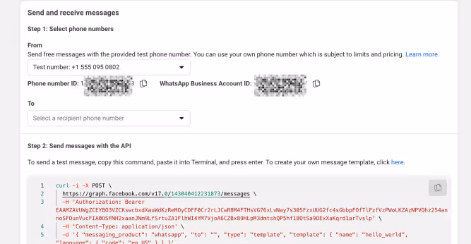 The WhatsApp Business Manager screen to enter your phone number you want to send the WhatsApp OTP.