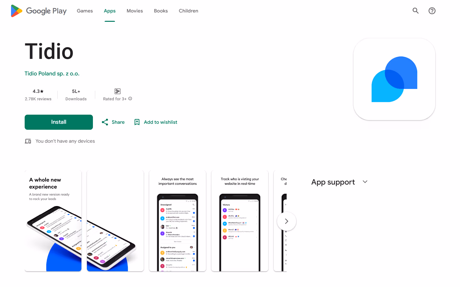 Tidio’s app lets you engage customers in real time using live chats and chatbots.