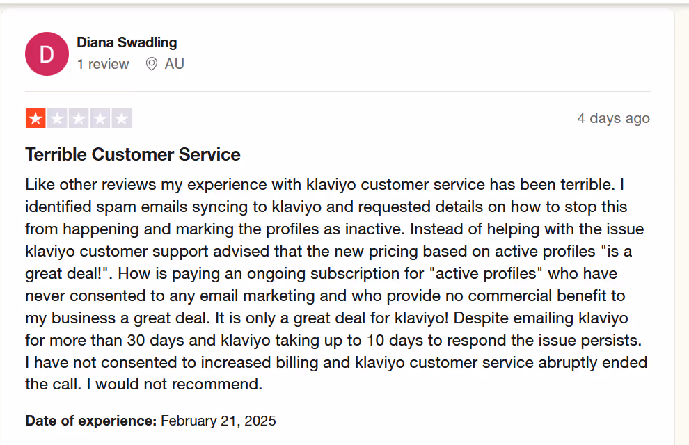 A Trustpilot review about Klaviyo’s delayed customer service.