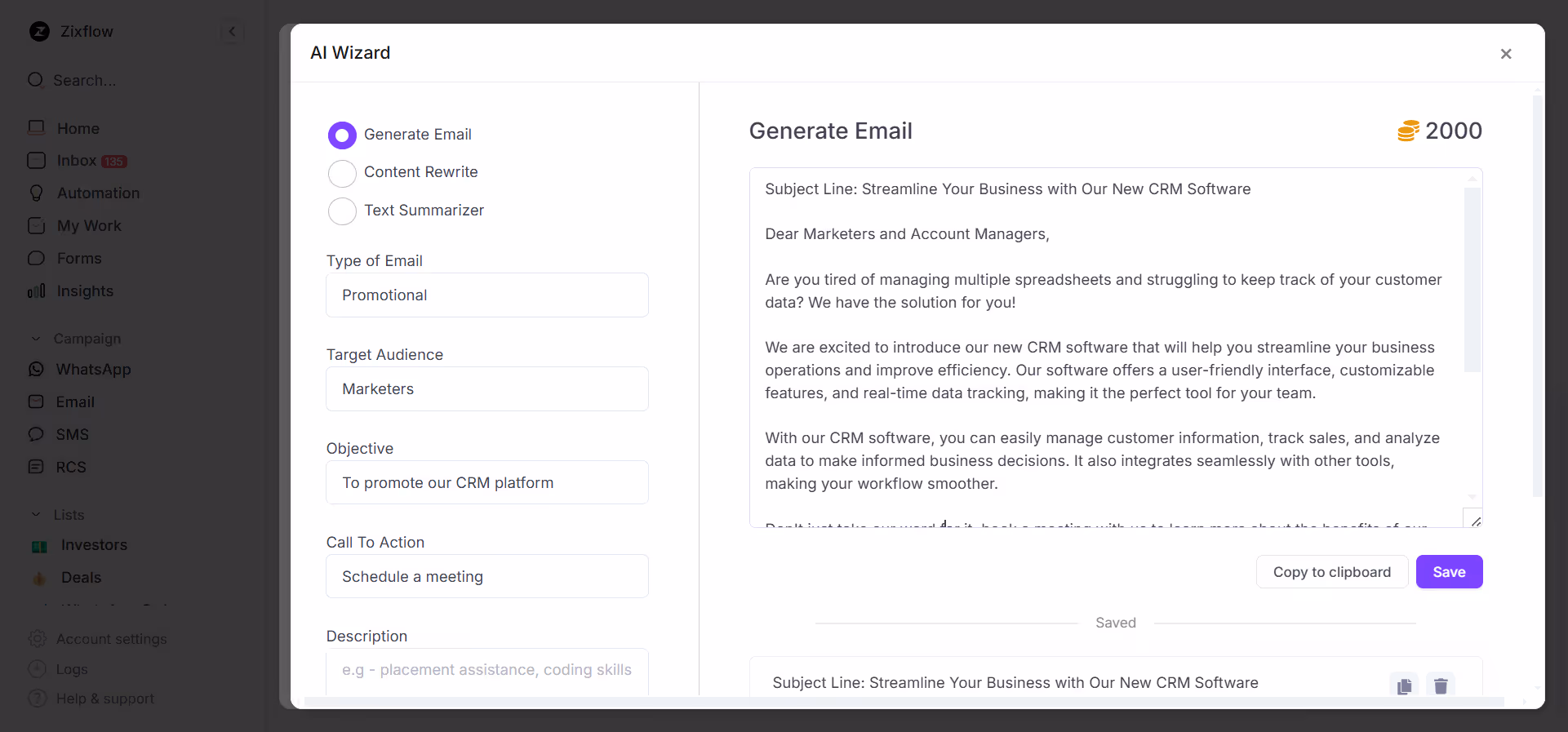 Zixflow’s AI-Wizard lets you craft personalized email content within seconds.
