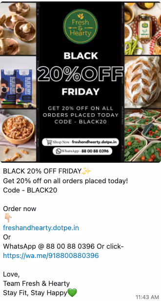 An example of a flash sale WhatsApp message from Fresh & Hearty.