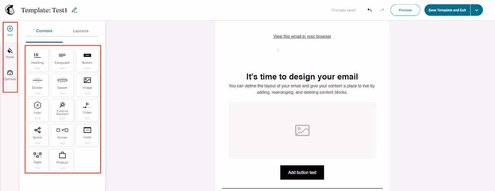 The drag-and-drop email editor of Mailchimp.