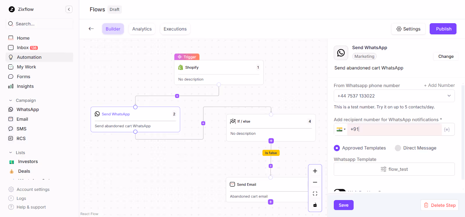 Zixflow’s automation editor to set up WhatsApp drip campaigns. 