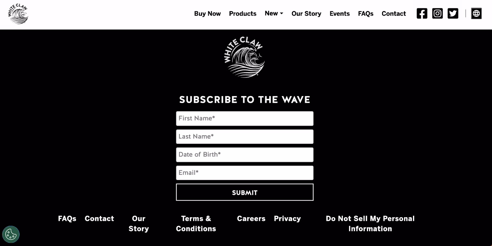 White Claw uses a footer sign-up form to capture visitors’ email addresses.