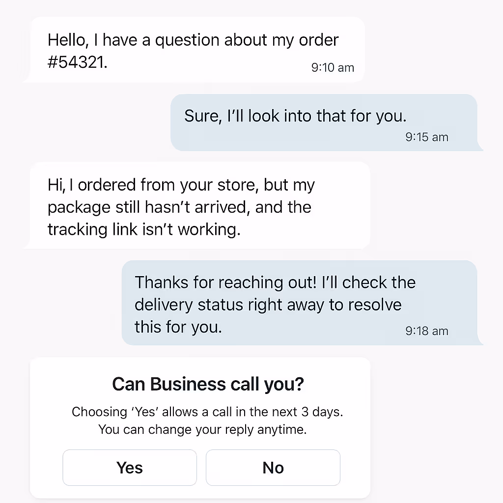 An example of a permission request sent to a customer using WhatsApp Business Calling API.