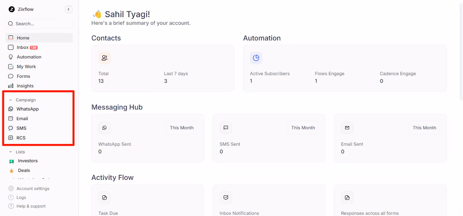Different kinds of outreach channels supported by Zixflow.