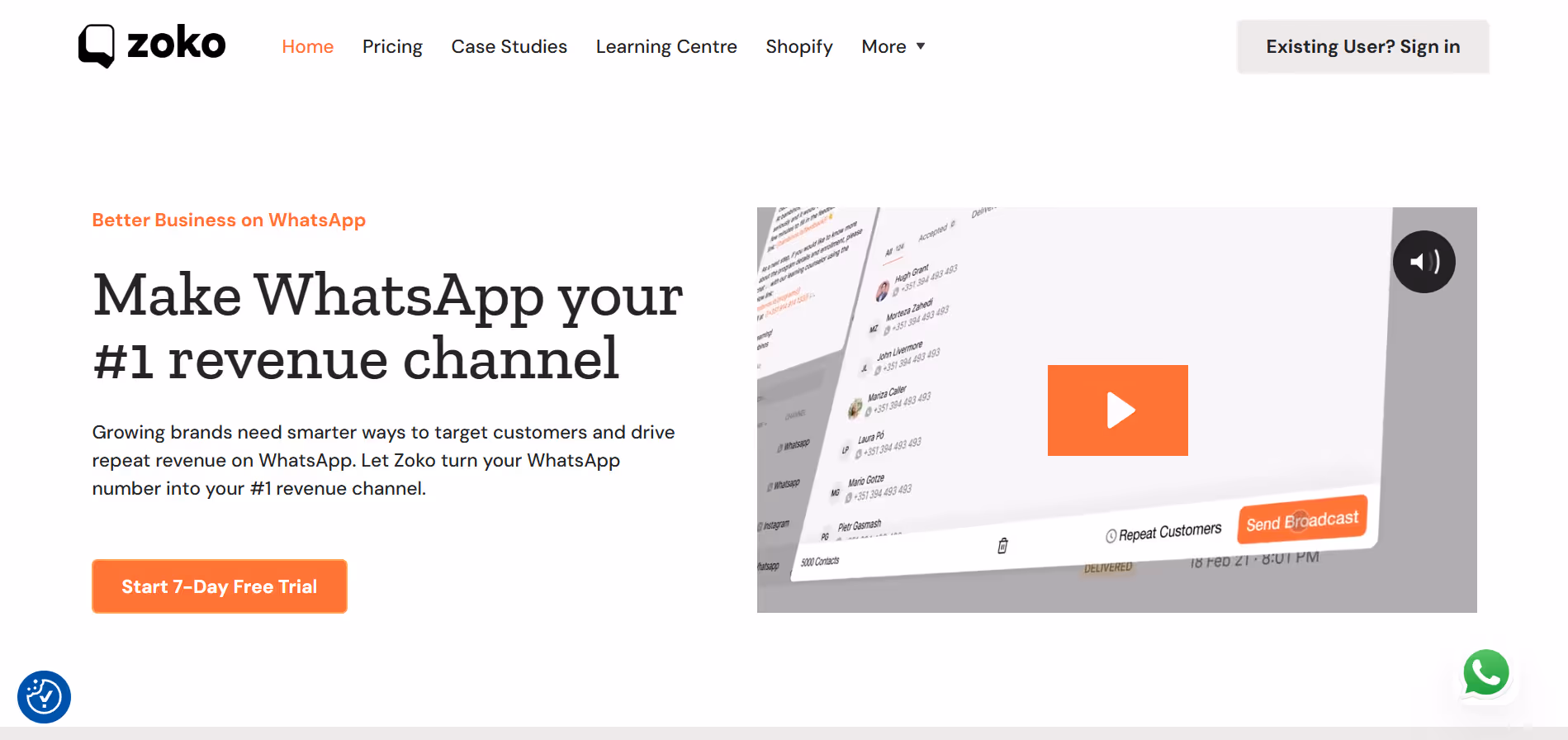 Homepage of Zoko, a WhatsApp Business Partner.