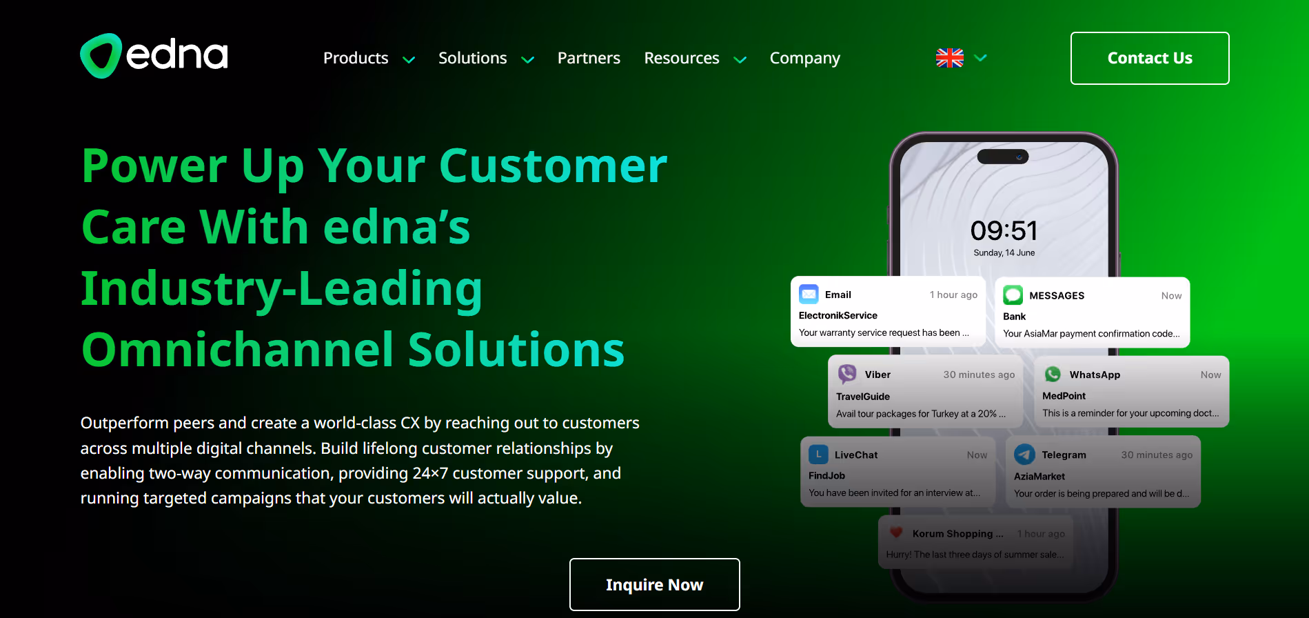 Homepage of Edna, an omnichannel WhatsApp Business Partner.