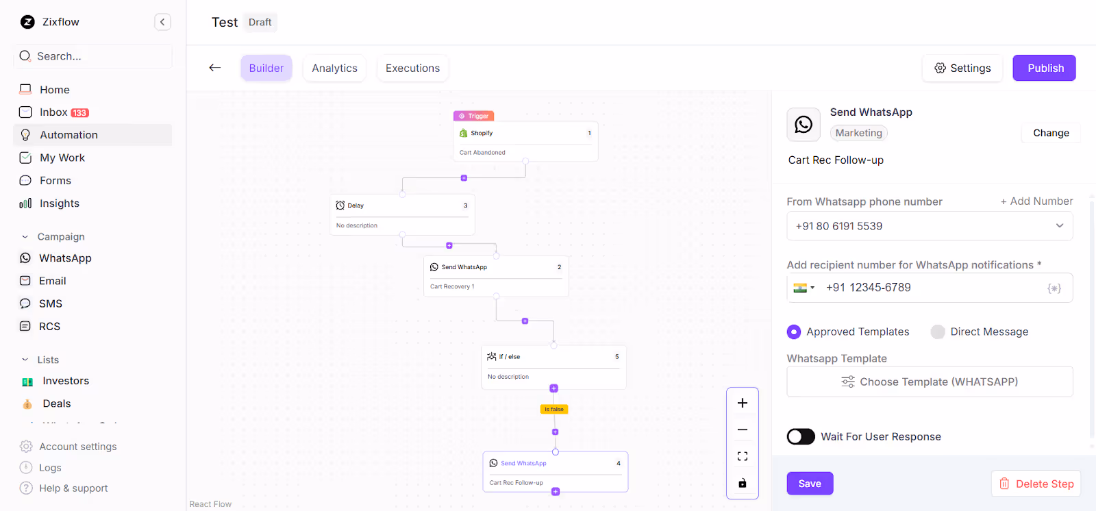 WhatsApp automation flow builder to setup abandoned cart recovery workflows.