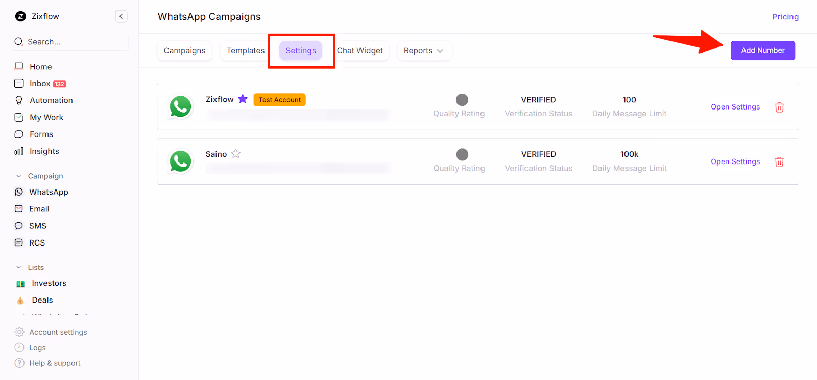  Add Number button within Zixflow to begin integrating it with WhatsApp Business account.