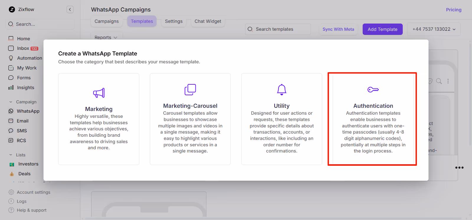Various kinds of WhatsApp messaging templates you can create with Zixflow.
