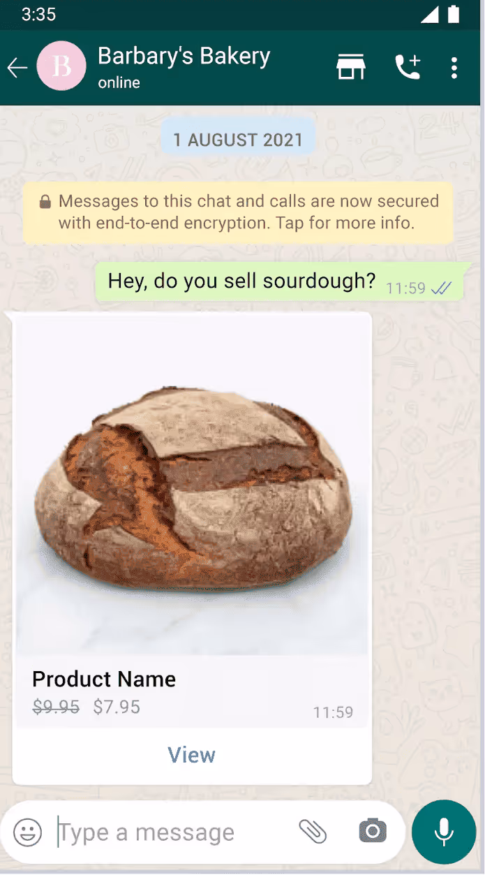 An example of a product recommendation message on WhatsApp.