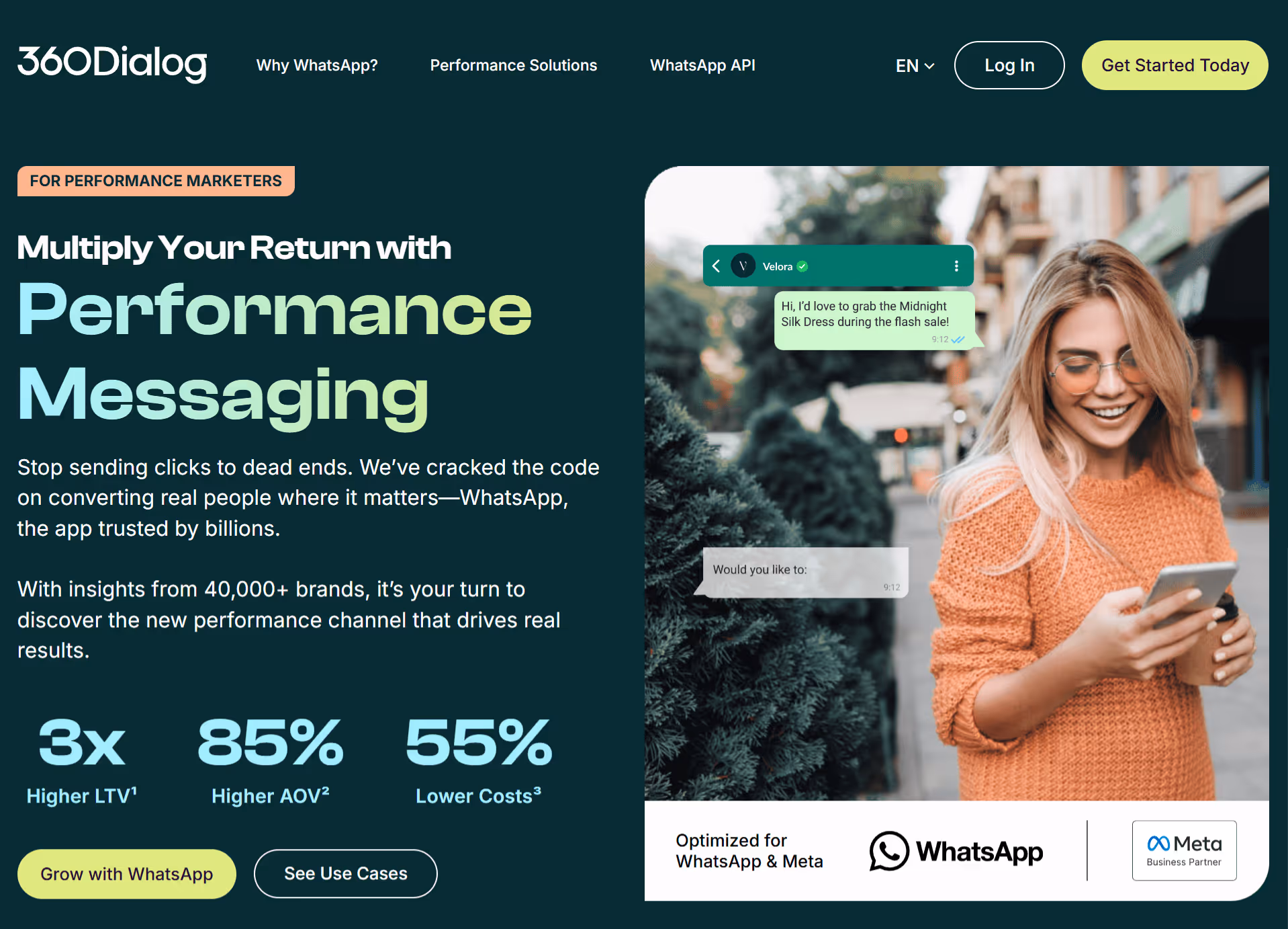 Homepage of 360dialog that offers enterprise-grade WhatsApp API solutions.