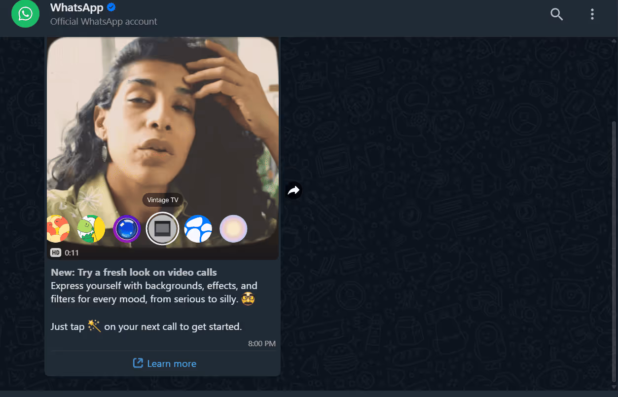 An example of a product feature video message from WhatsApp. 