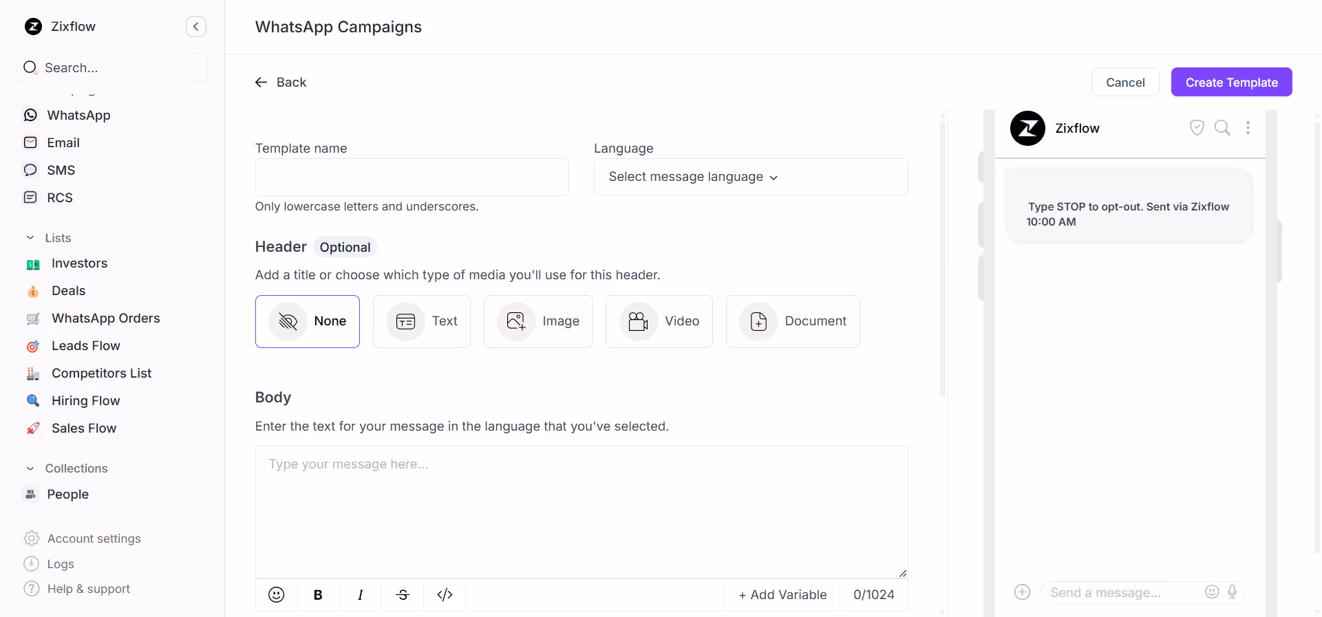 The WhatsApp message template builder within Zixflow.