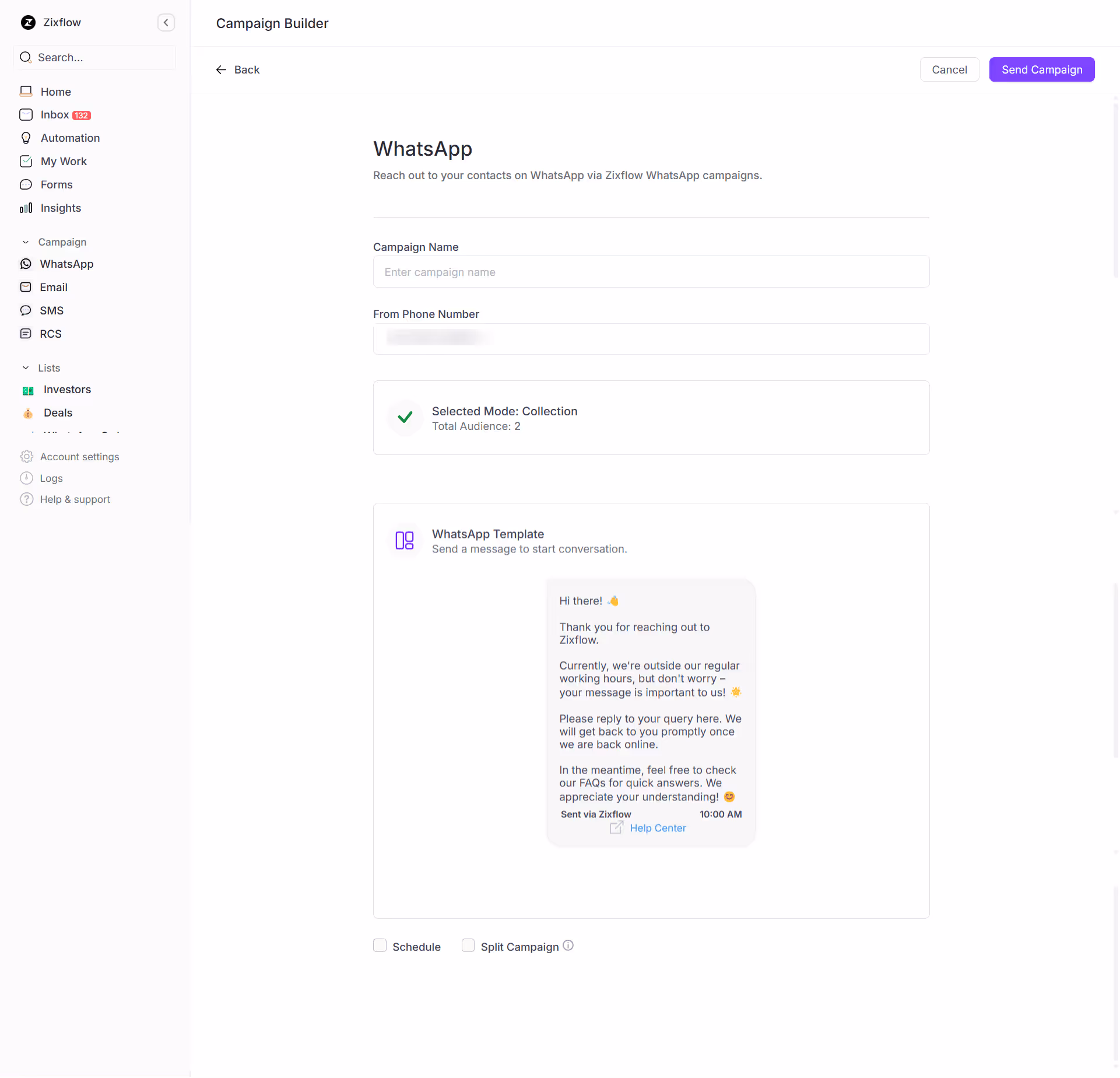 Zixflow’s code-free WhatsApp campaign builder. 