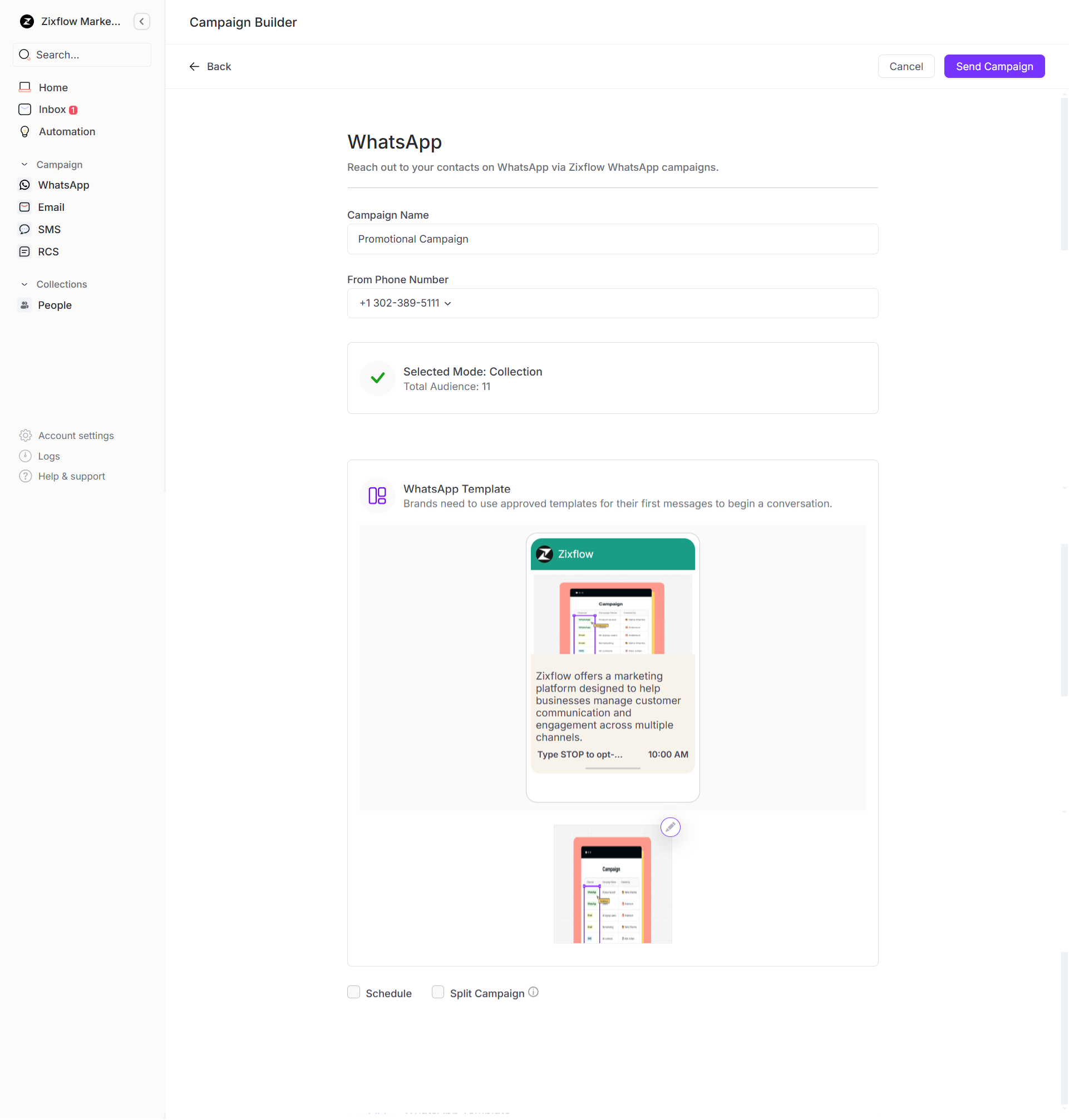 WhatsApp campaign editor within Zixflow that lets you set up and run engaging outreach campaigns.