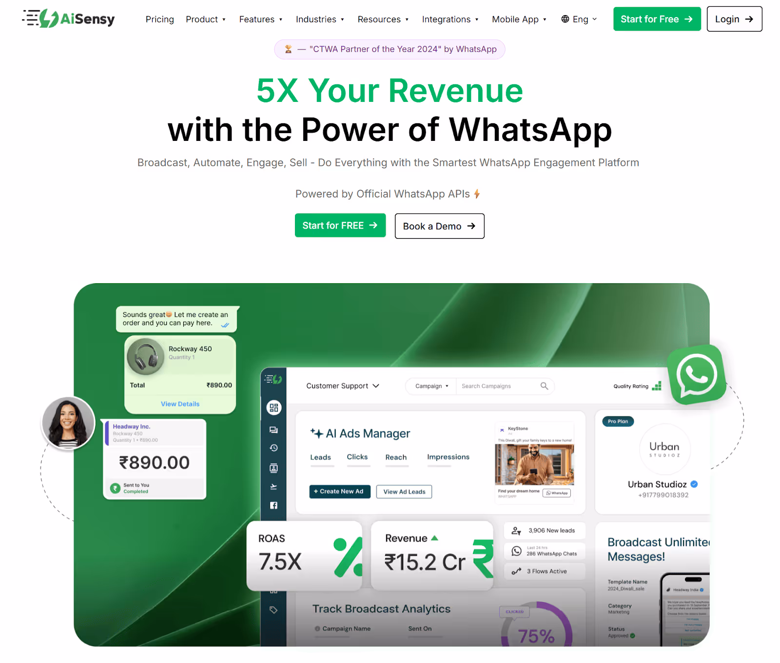 Homepage of AiSensy. a renowned WhatsApp chatbot software. 