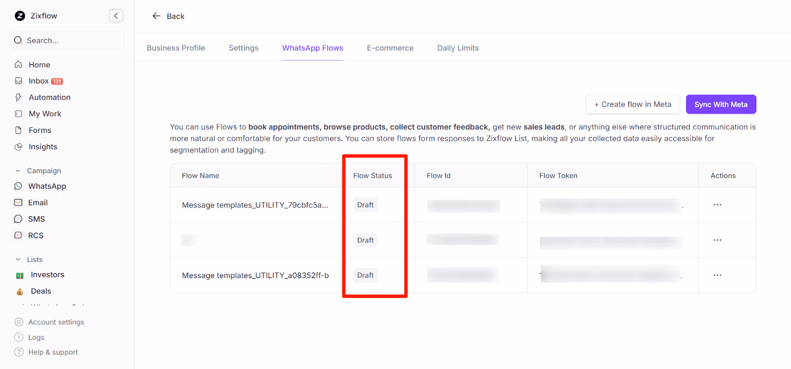 Unpublished WhatsApp Flows are shown as Draft within Zixflow. 