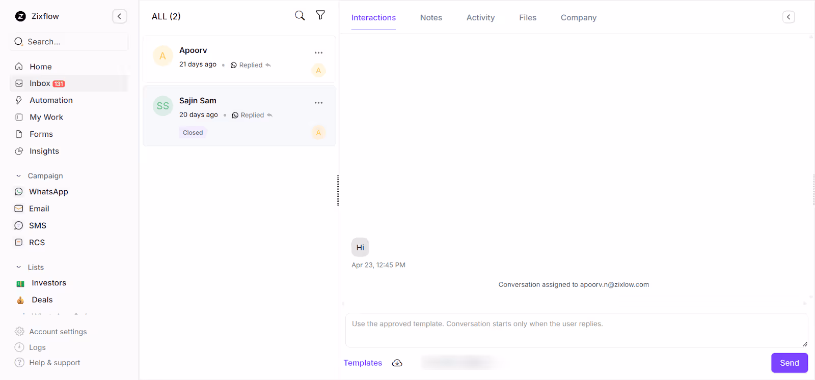 Zixflow’s WhatsApp shared inbox. 