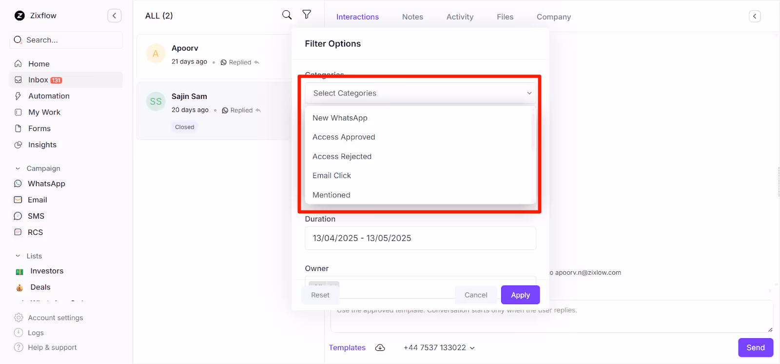 Various filter option in Zixlow’s WhatsApp shared inbox. 