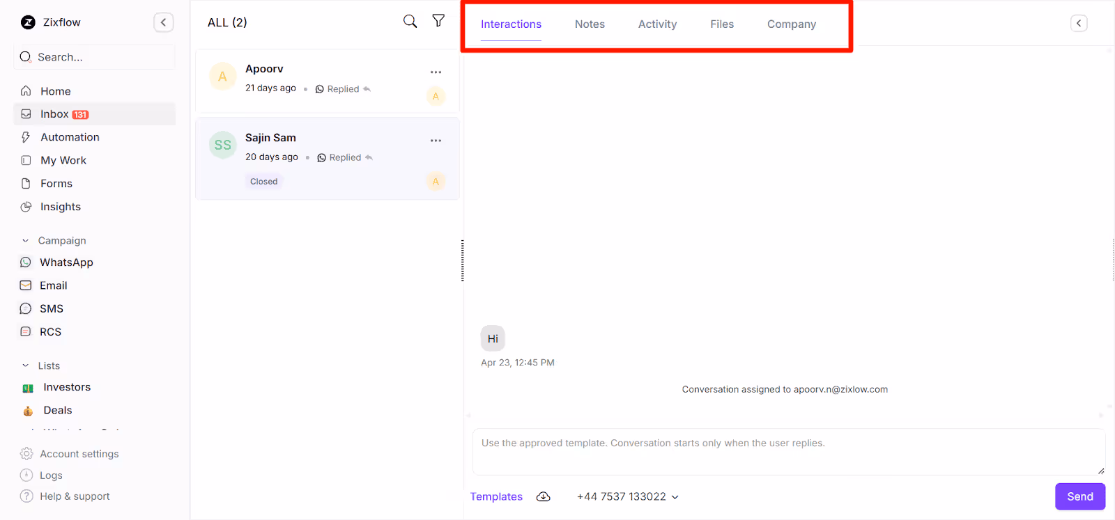 Different tabs in the Zixflow’s shared inbox to manage contact details. 