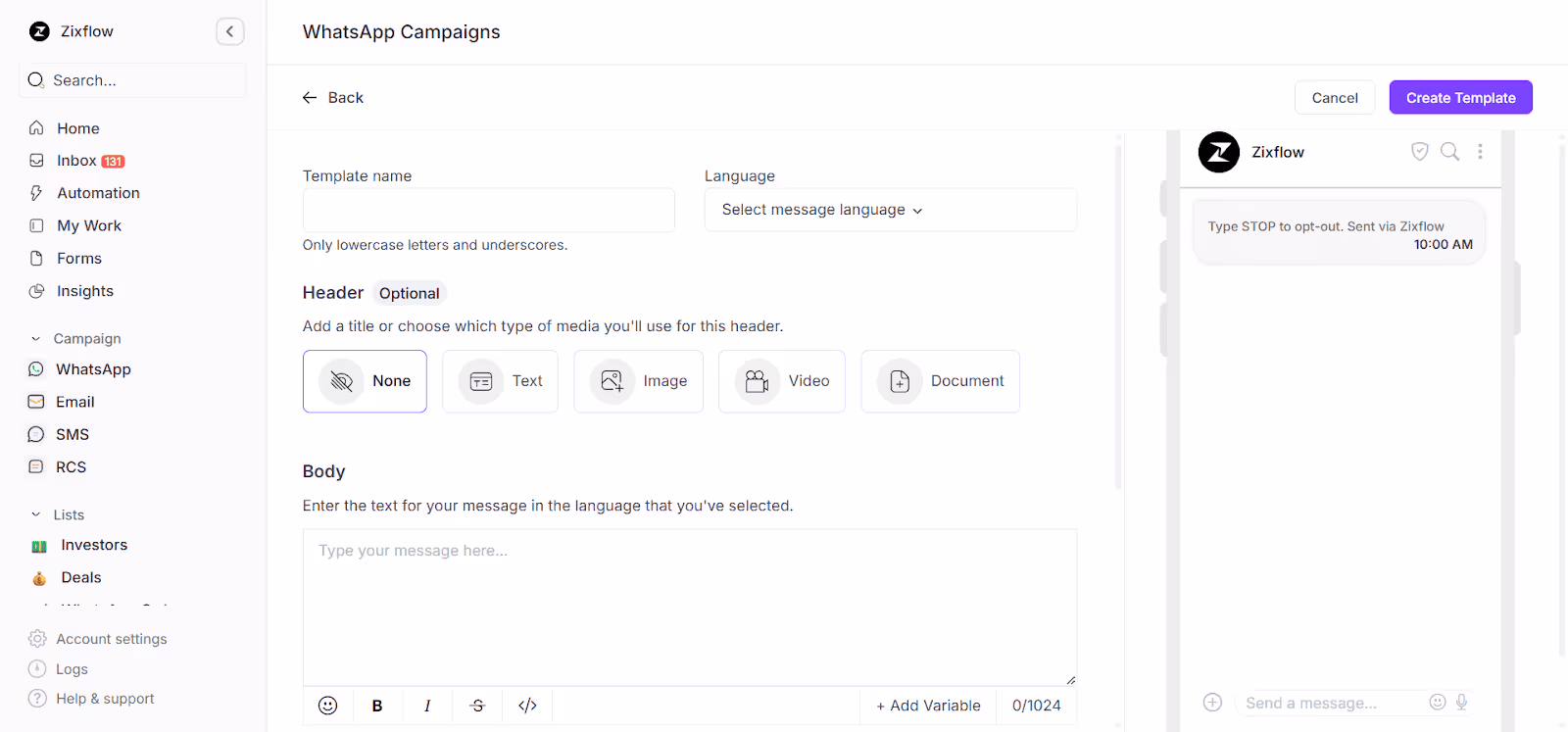 Zixflow’s WhatsApp template builder to let you design messages for your healthcare business.