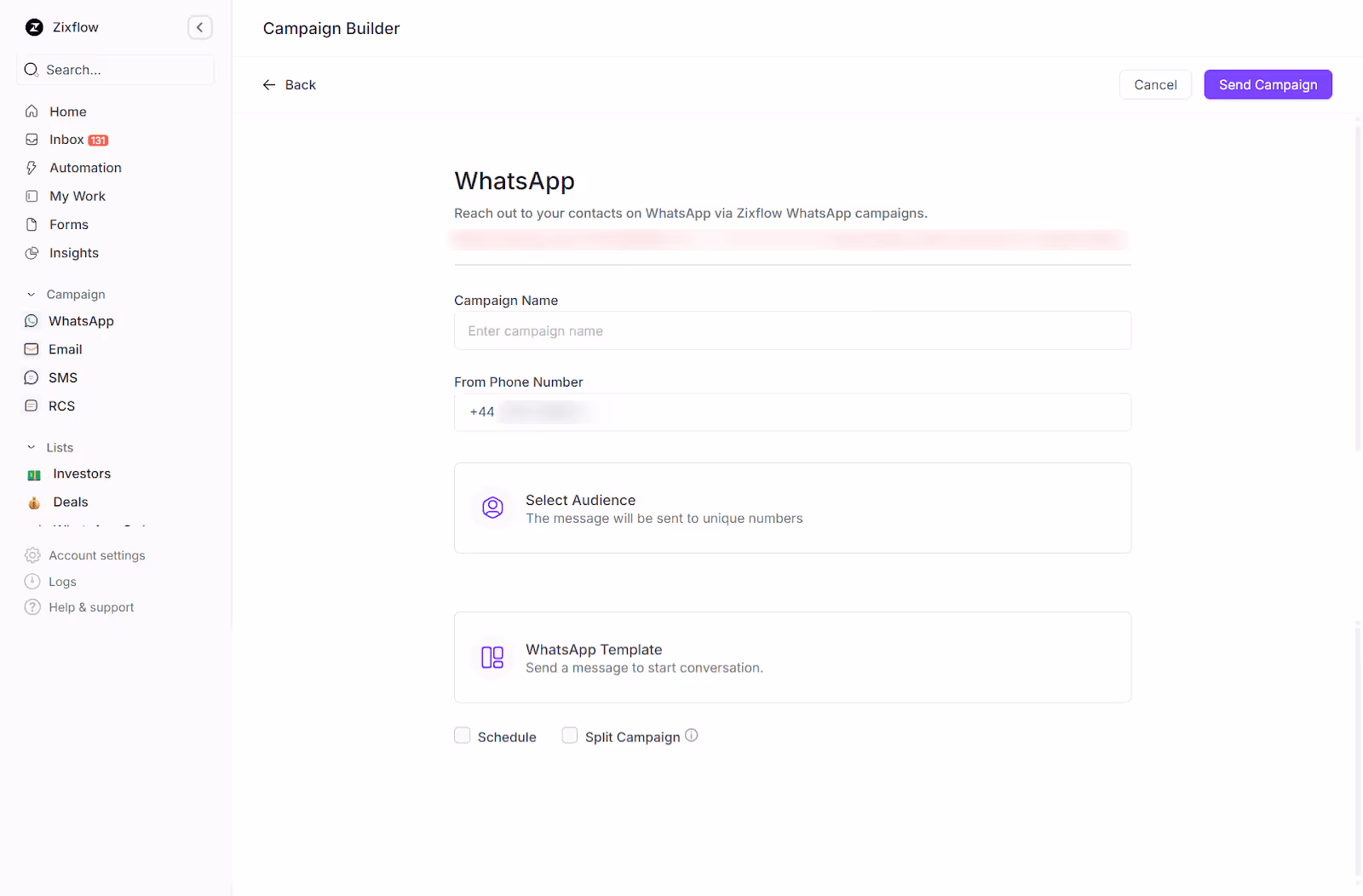 Zixflow’s WhatsApp builder to let you send bulk WhatsApp messages.