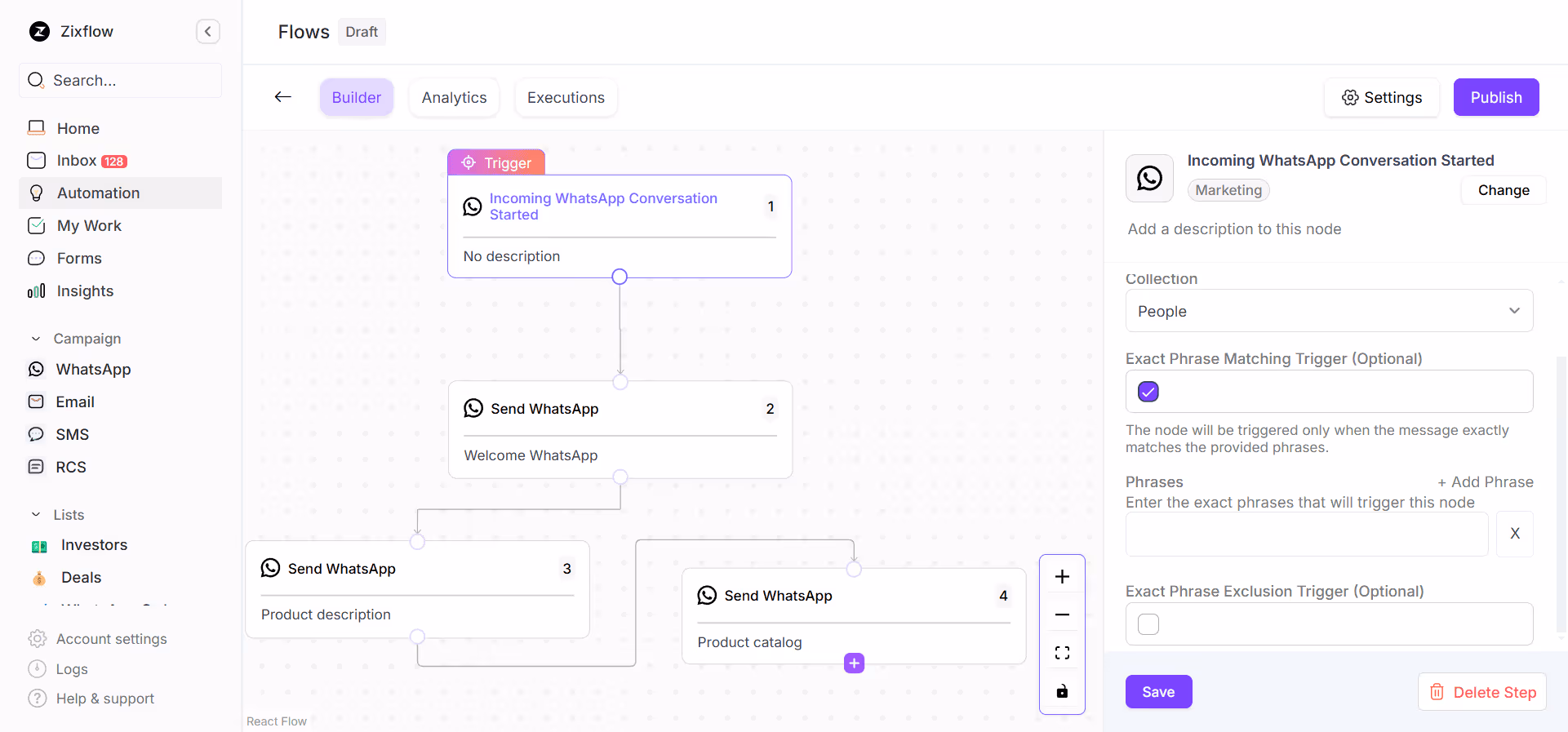 WhatsApp chatbot builder within Zixflow.