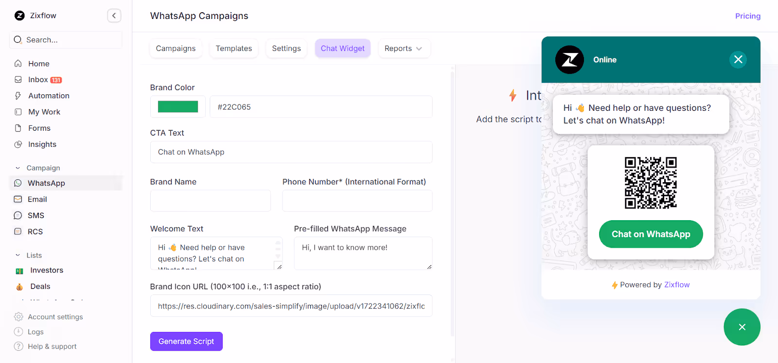 WhatsApp chat widget builder in Zixflow.