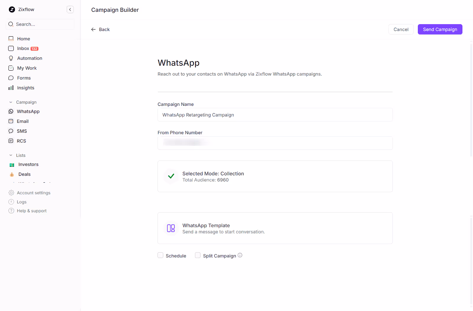 Zixflow’s visual WhatsApp campaign editor for quick campaign deployment. 