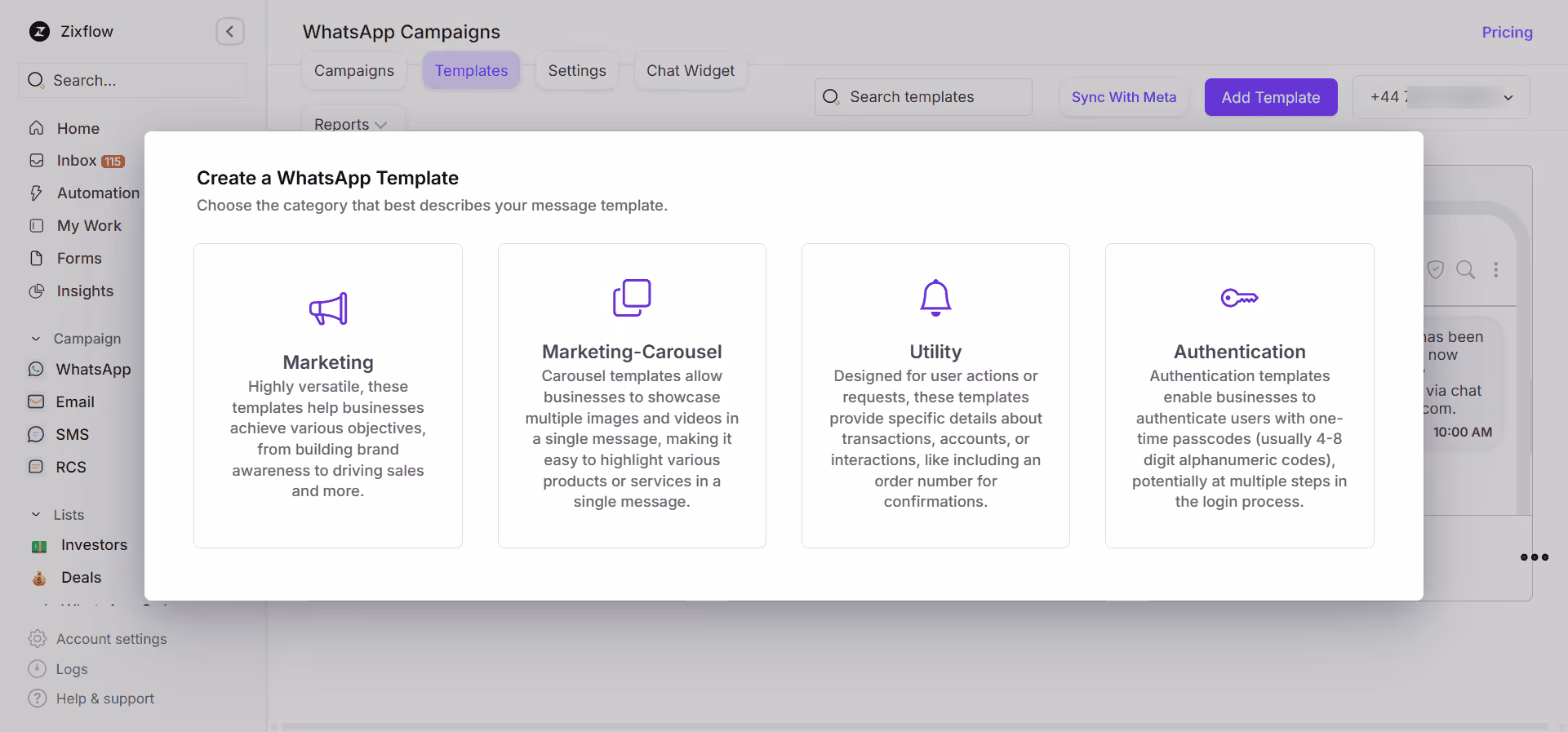 Various WhatsApp Business template categories in Zixflow. 