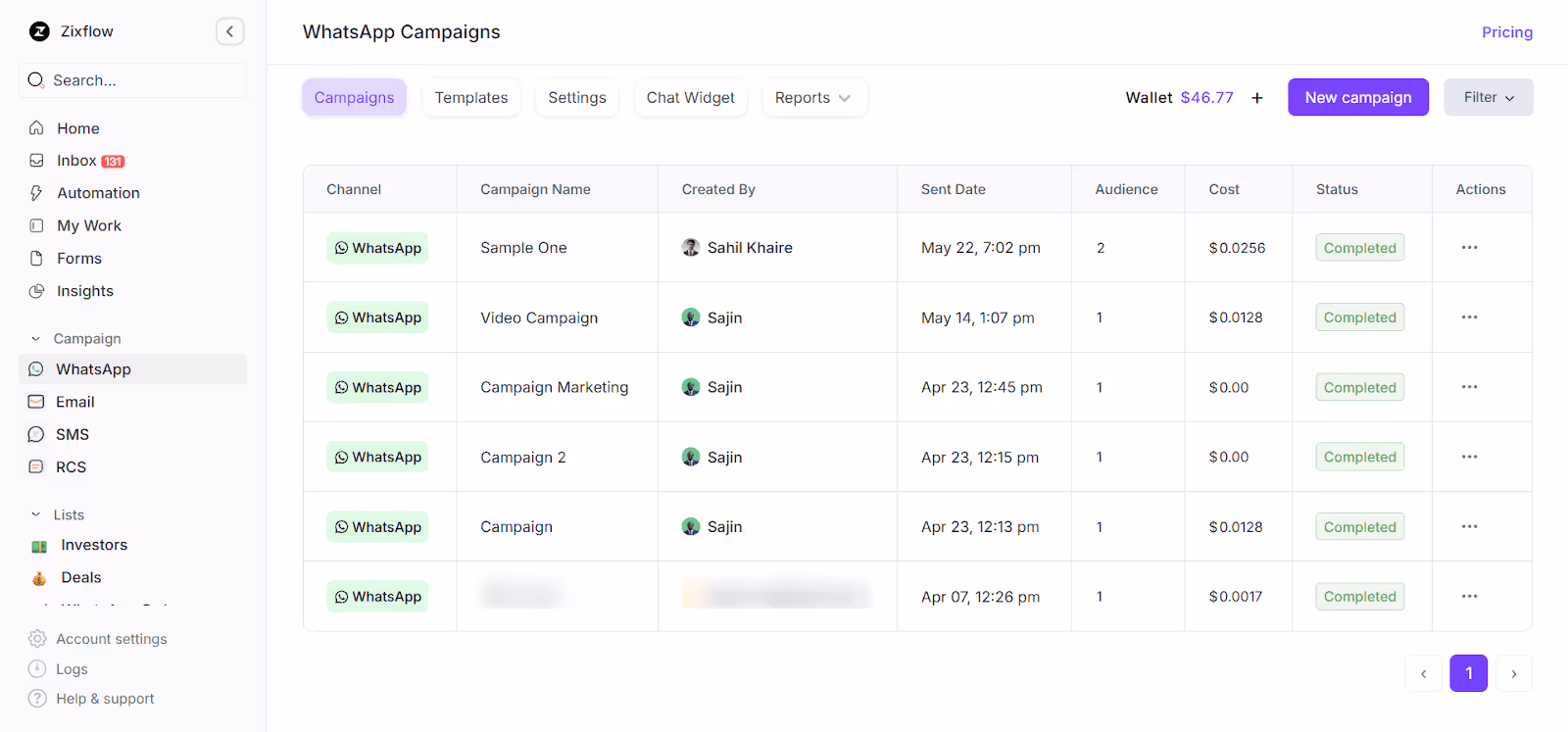 The campaign screen in Zixflow gives you information about all of your WhatsApp campaigns.