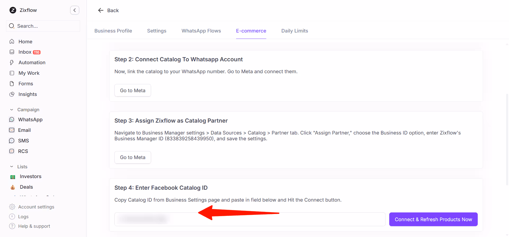 Enter your Facebook Catalog ID in the field to link your catalog with the platform. 
