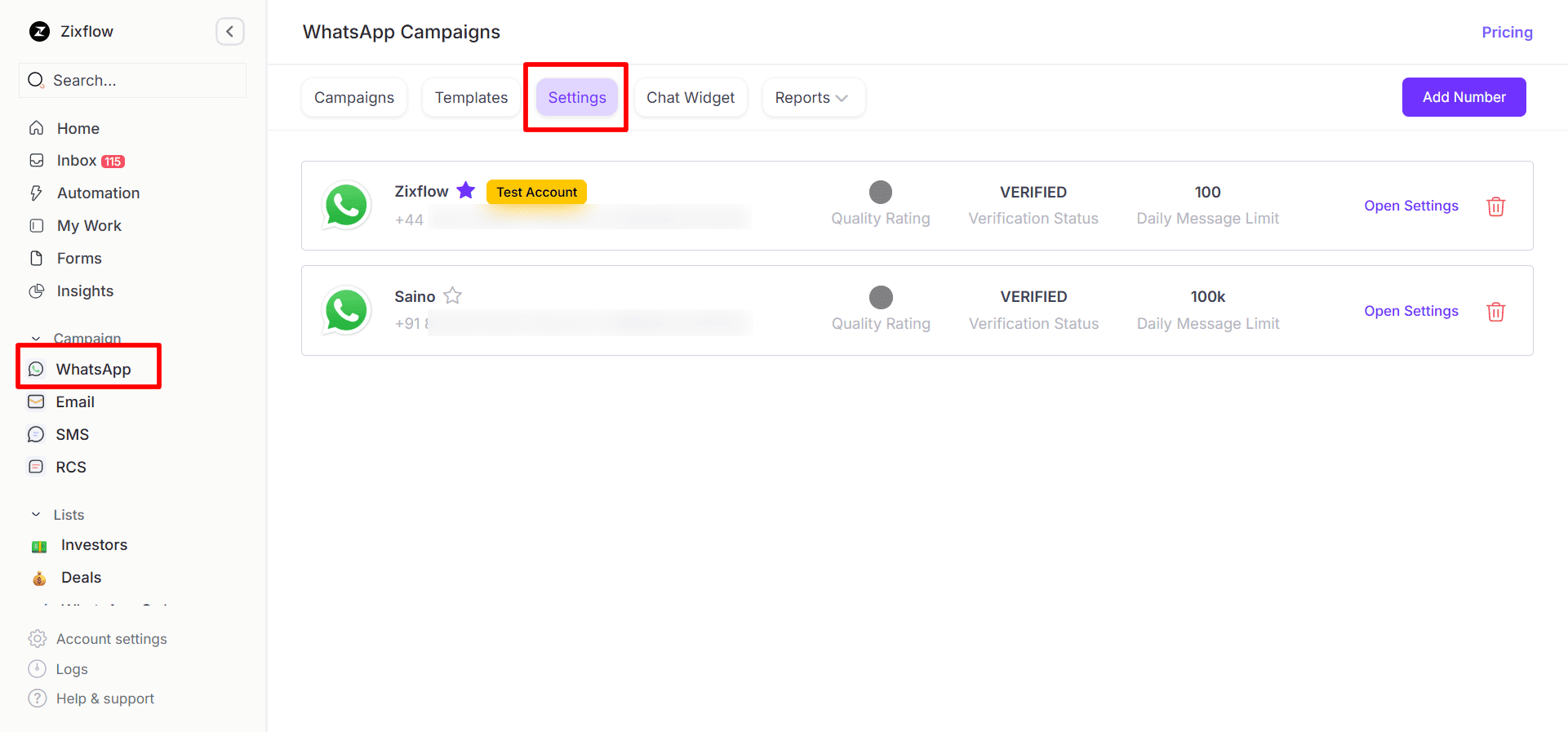 Navigate to WhatsApp’s settings within Zixflow’s platform.