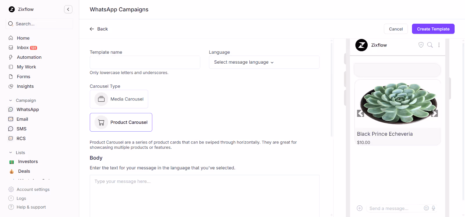 Zixflow's WhatsApp carousel template builder to effectively showcase your products. 