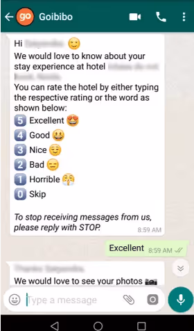 Goibibo’s customer feedback WhatsApp message. 