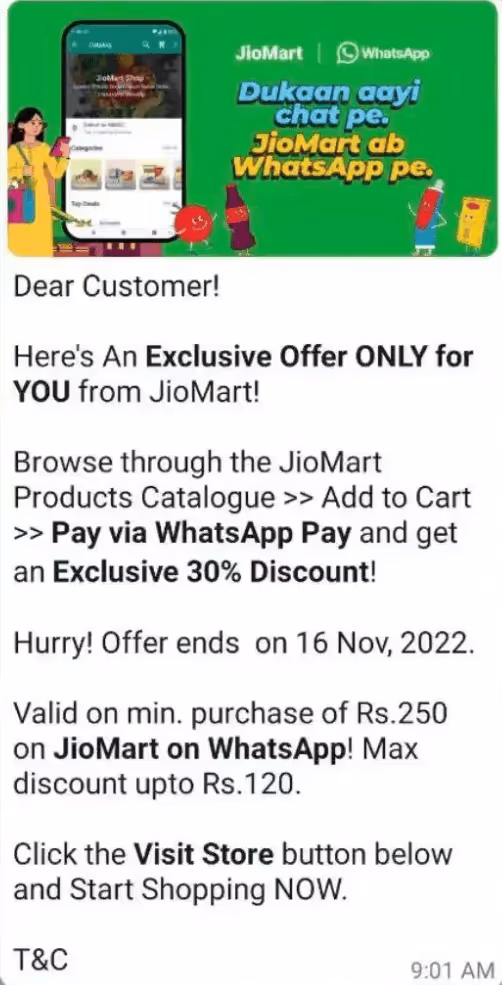 JioMart’s exclusive offer WhatsApp message. 