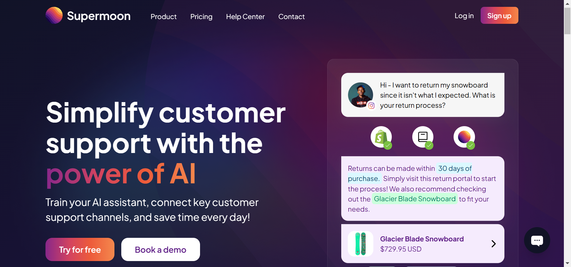 Homepage of Supermoon, an AI-powered customer support platform.