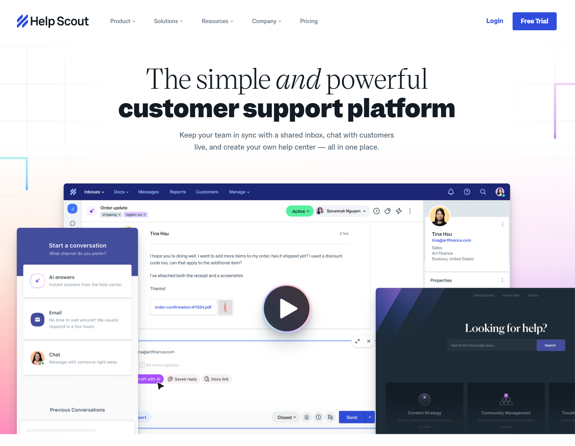 Homepage of Help Scout, an e-commerce customer support platform.