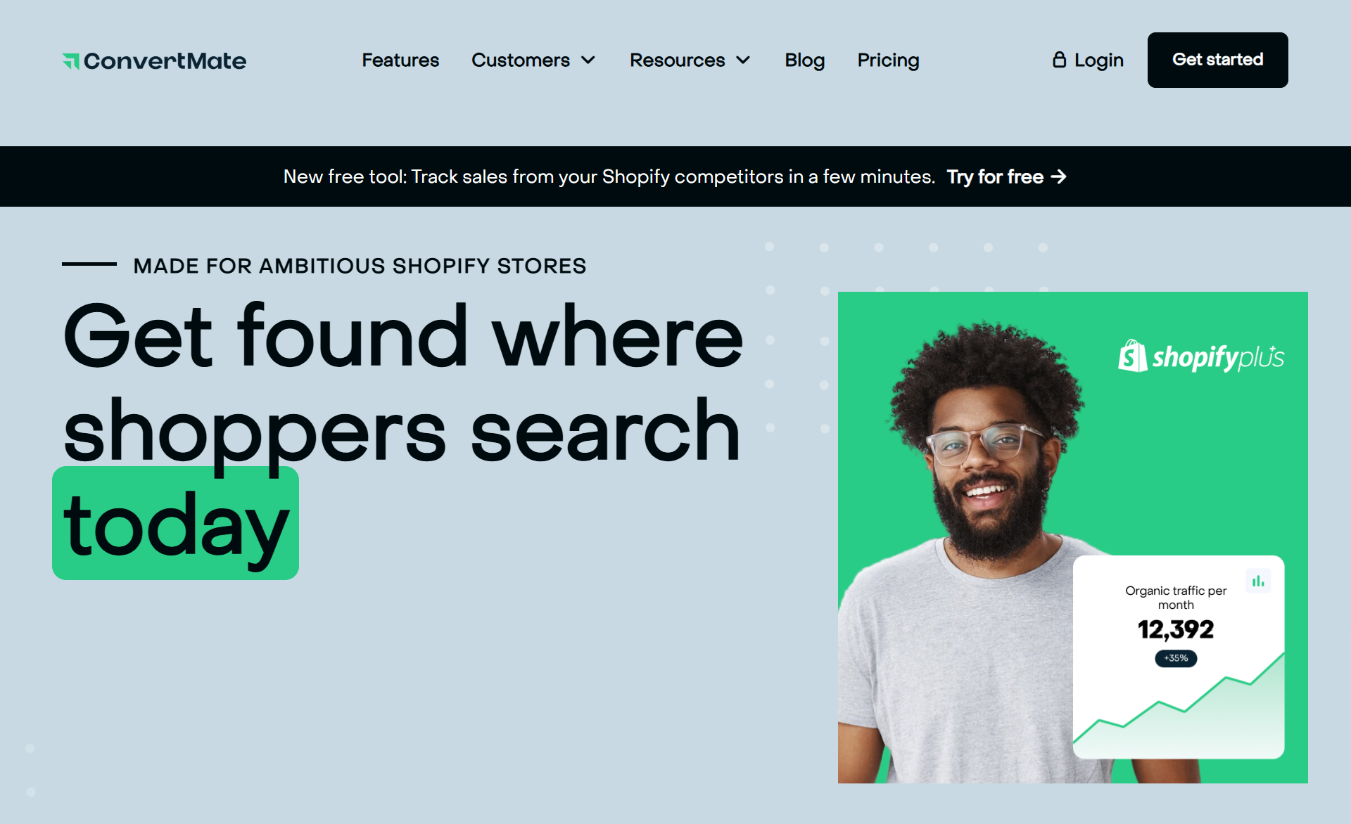 Homepage of ConvertMate, an SEO solution built for Shopify stores.