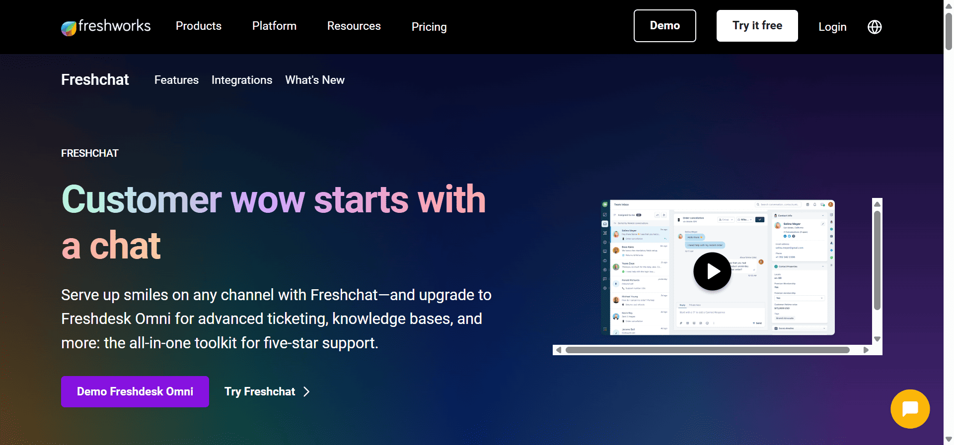 Home page of Freshchat, a customer messaging alternative to Interakt.