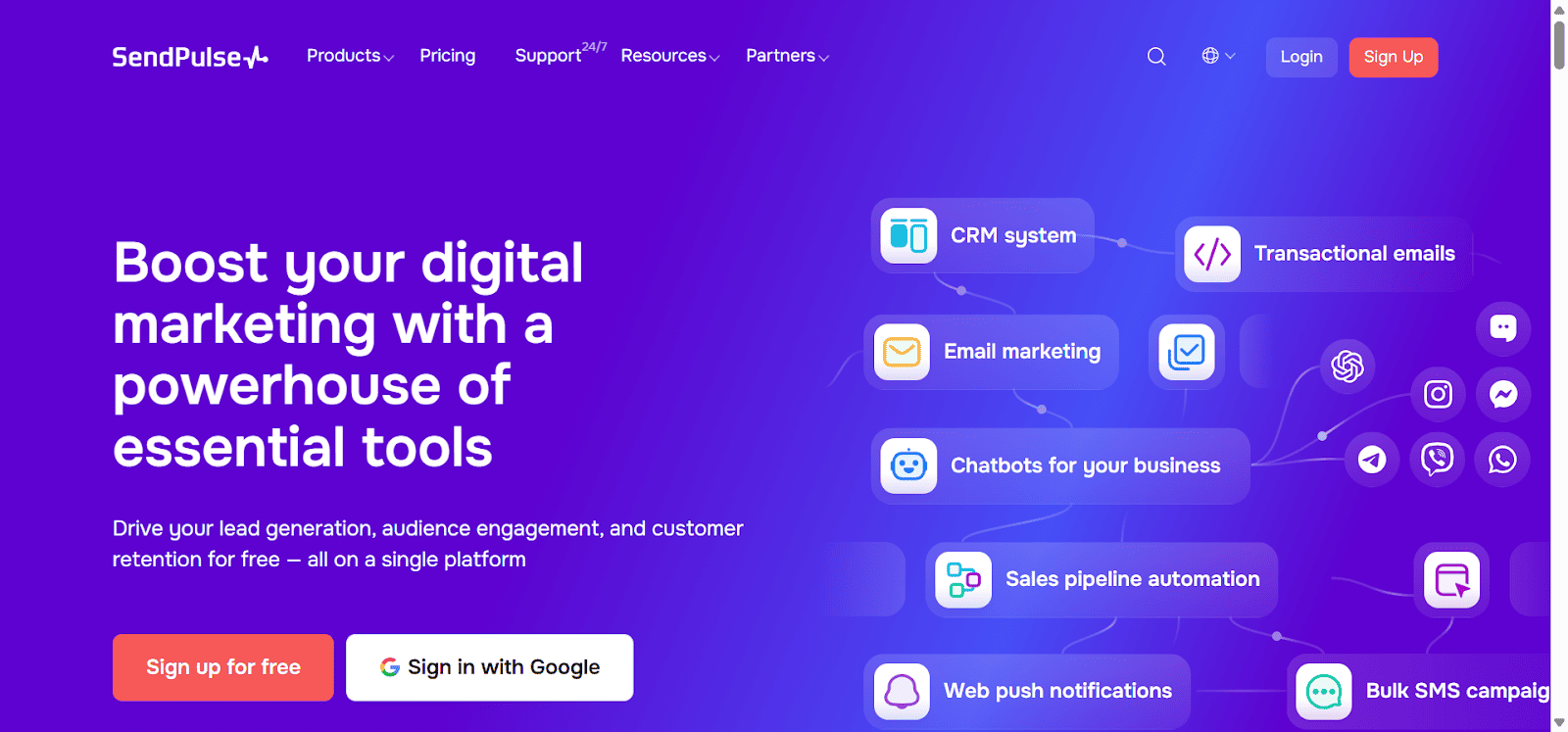 Homepage of SendPulse, a WhatsApp marketing platform.