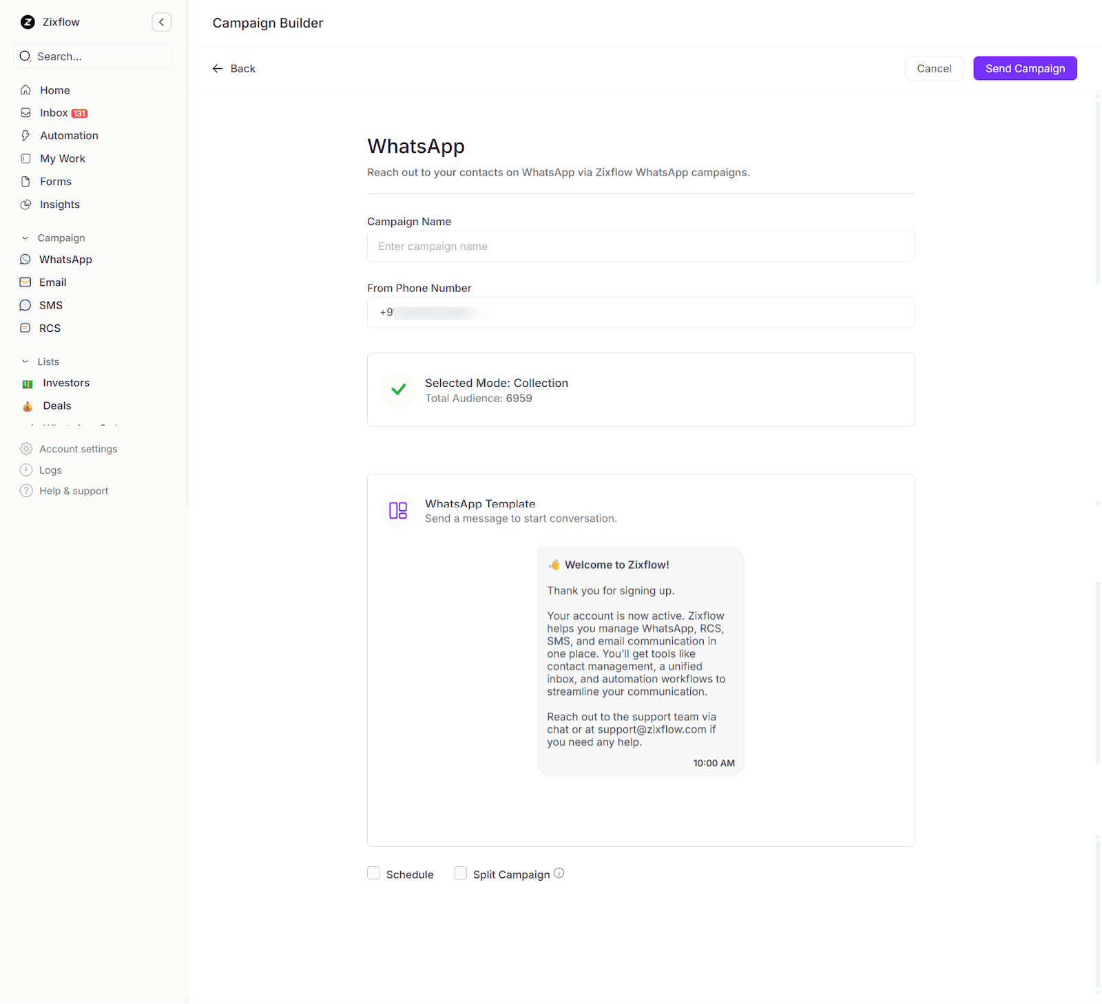 Zixflow’s visual WhatsApp campaign builder.