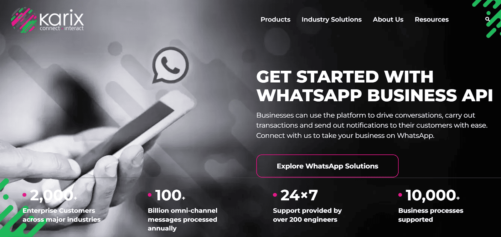 Homepage of Karix, a WhatsApp Business platform.