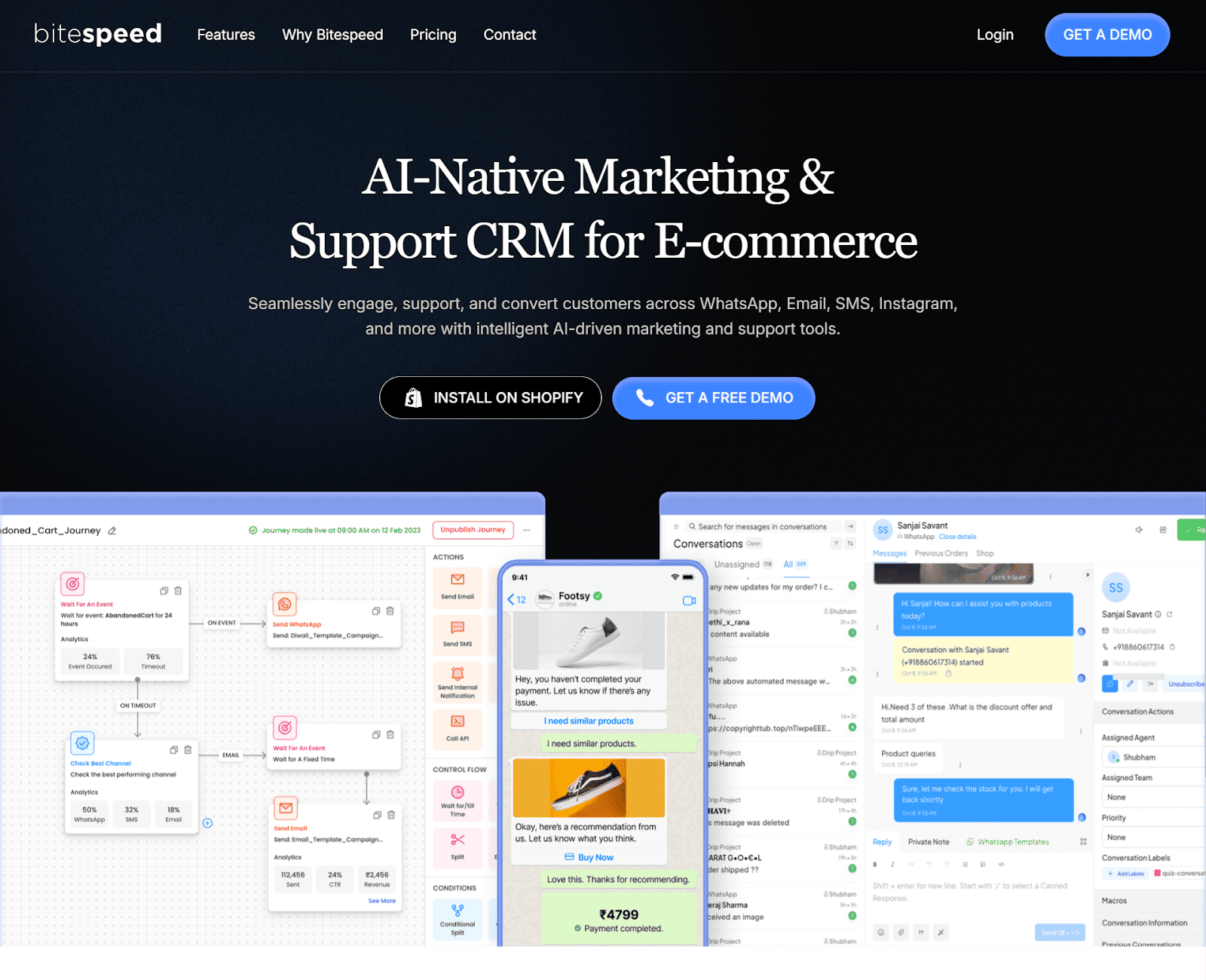  Homepage of Bitespeed, a WhatsApp marketing CleverTap alternative.