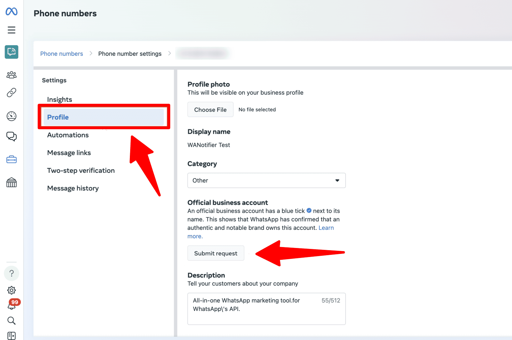 The Submit Request button lets you send a request to get your business verified by WhatsApp. 