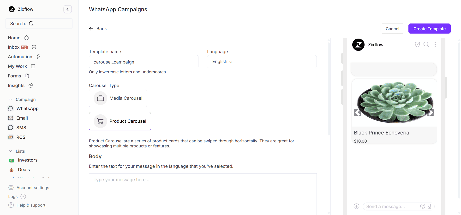 WhatsApp carousel message template builder within Zixflow.